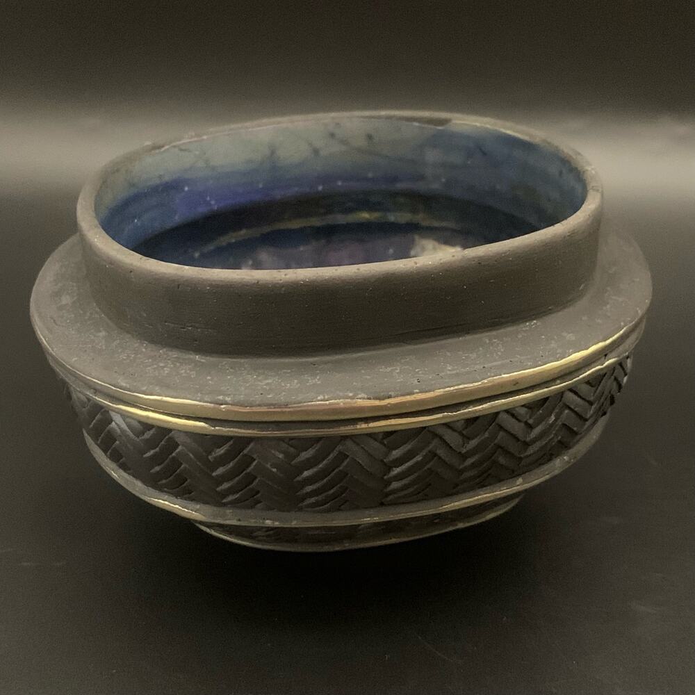 Candone Wharton Raku Pottery Basketweave & Glaze Vessel Bowl SIGNED with Lid - Picture 12 of 16